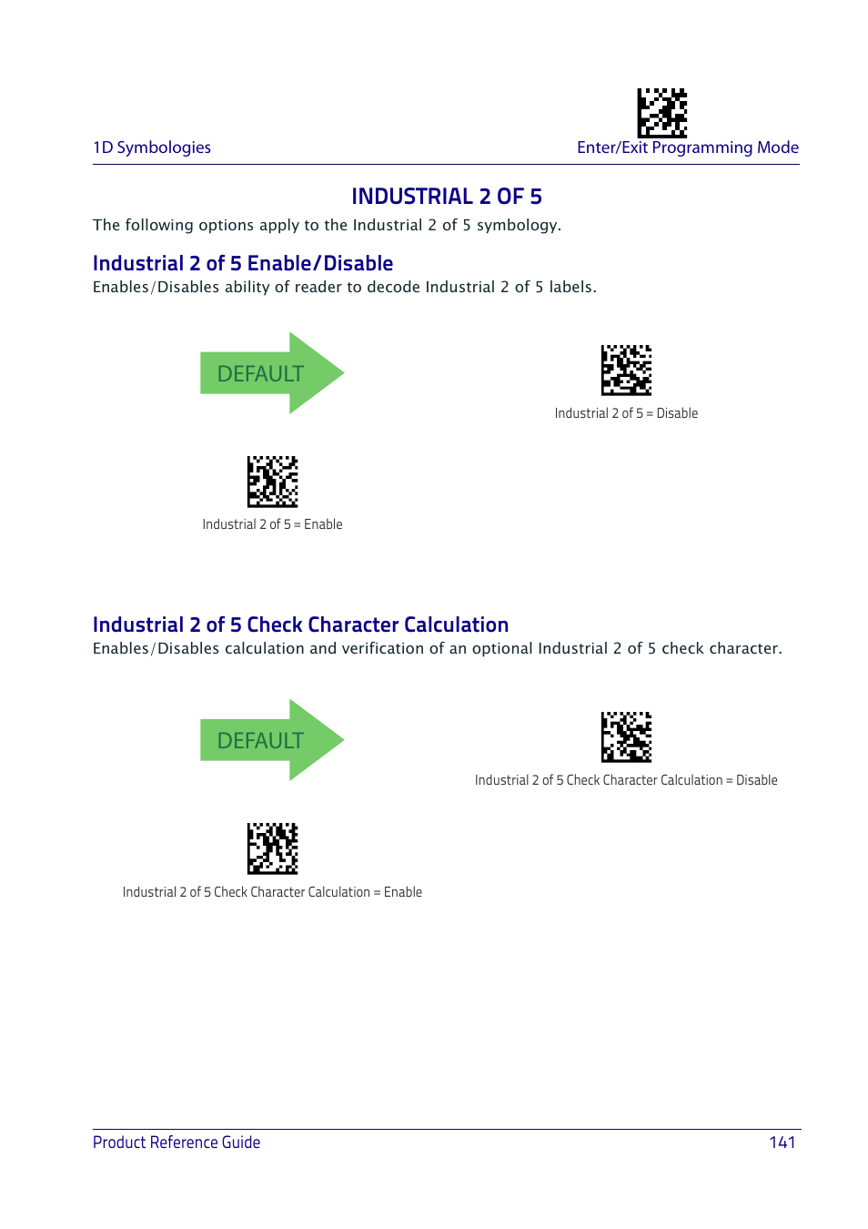 Industrial 2 of 5, Industrial 2 of 5 enable/disable, Industrial 2 of 5 check character calculation | Default | Datalogic QuickScan I QD2400 User Manual | Page 151 / 324