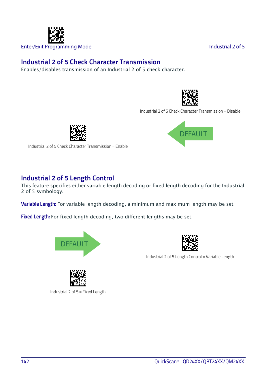 Industrial 2 of 5 check character transmission, Industrial 2 of 5 length control, Default | Datalogic QuickScan I QD2400 User Manual | Page 152 / 324