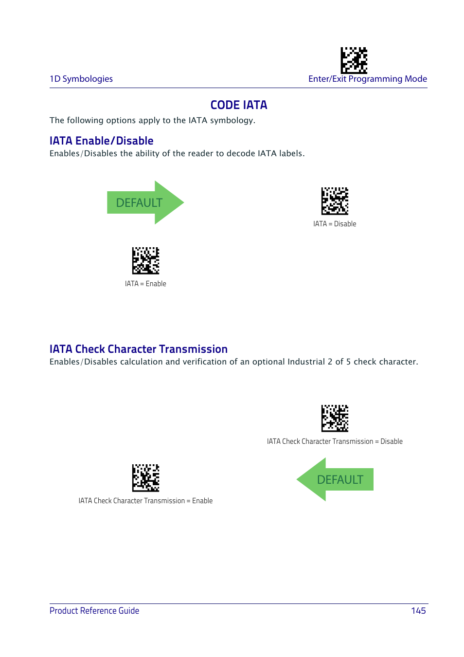 Code iata, Iata enable/disable, Iata check character transmission | Default | Datalogic QuickScan I QD2400 User Manual | Page 155 / 324
