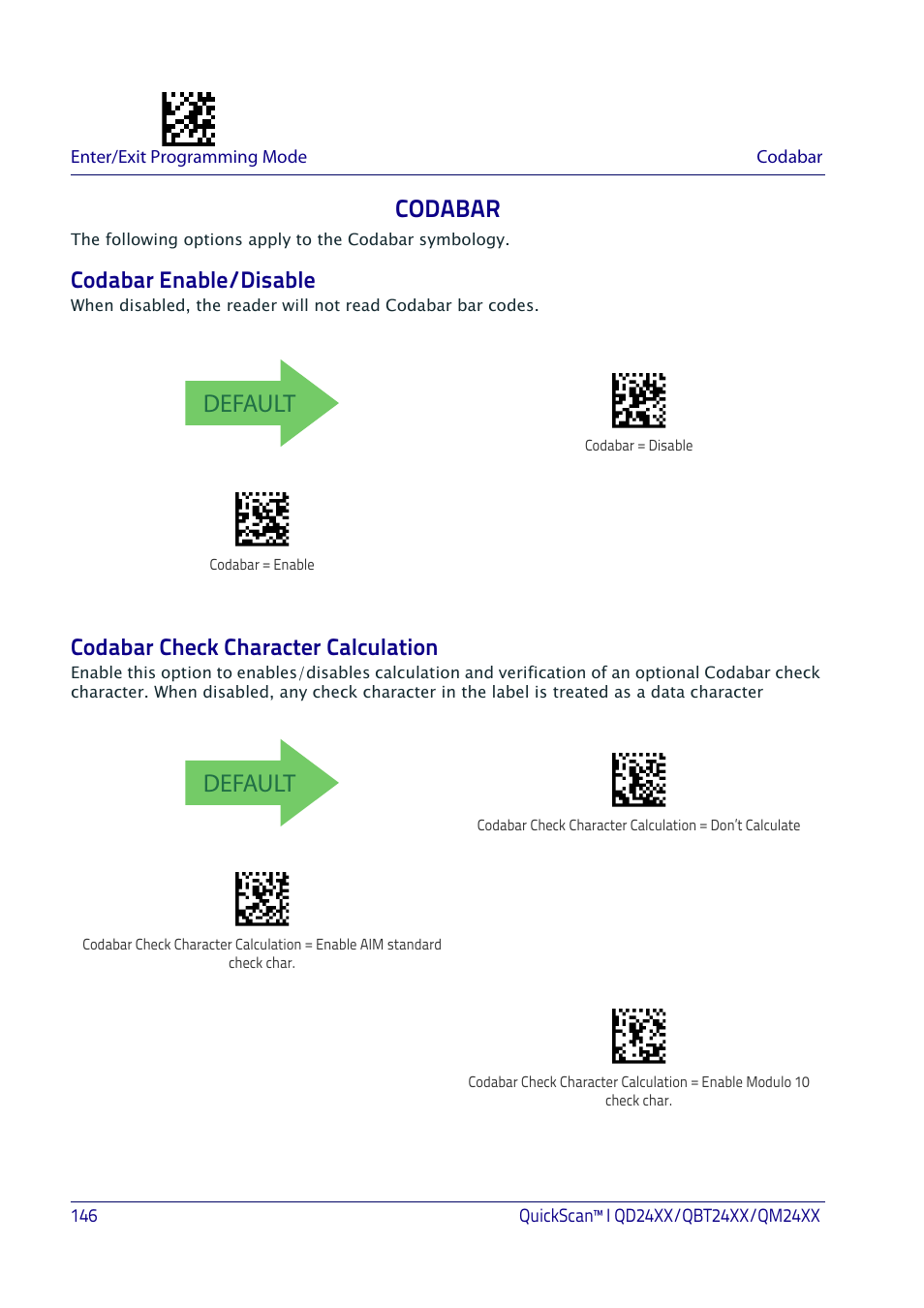 Codabar, Codabar enable/disable, Codabar check character calculation | Default | Datalogic QuickScan I QD2400 User Manual | Page 156 / 324