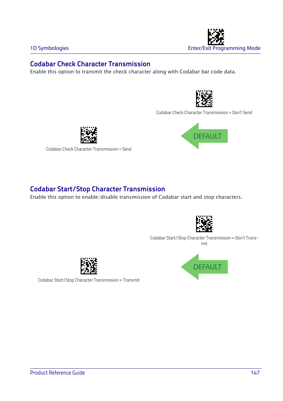 Codabar check character transmission, Codabar start/stop character transmission, Default | Datalogic QuickScan I QD2400 User Manual | Page 157 / 324