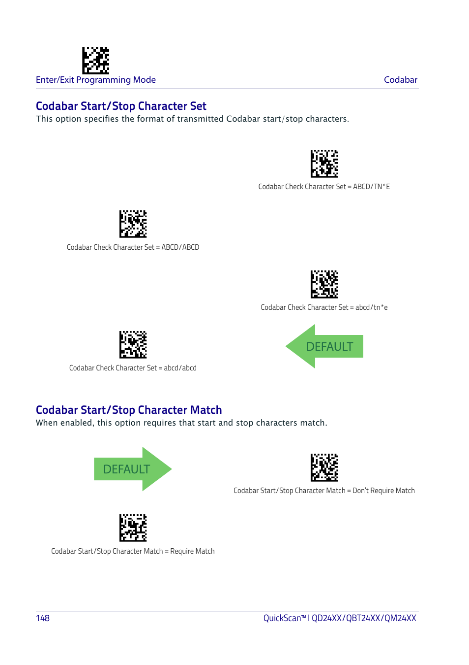 Codabar start/stop character set, Codabar start/stop character match, Default | Datalogic QuickScan I QD2400 User Manual | Page 158 / 324