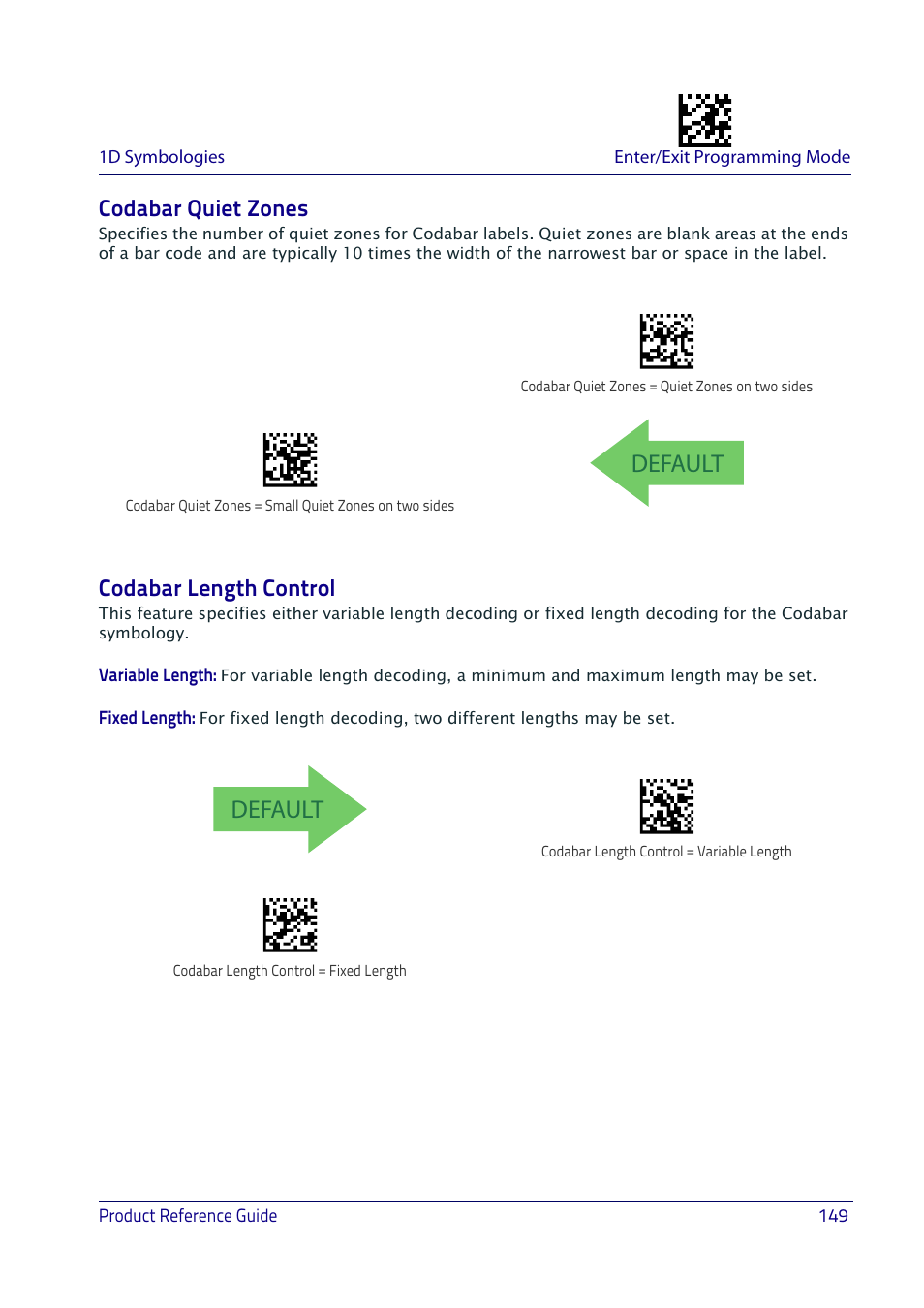 Codabar quiet zones, Codabar length control, Codabar quiet zones codabar length control | Default | Datalogic QuickScan I QD2400 User Manual | Page 159 / 324