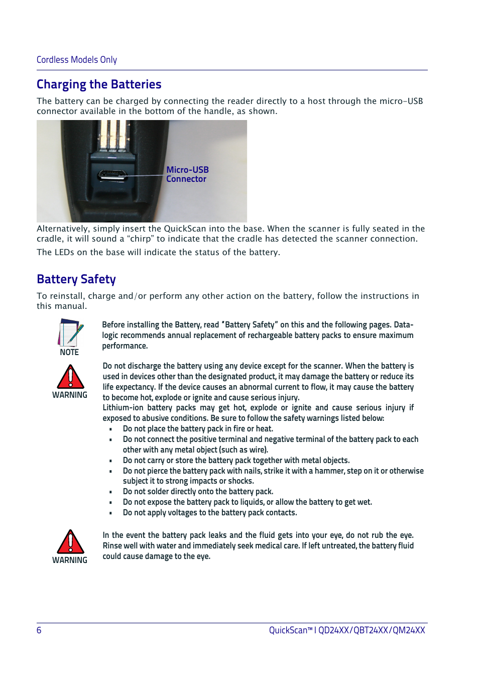 Charging the batteries, Battery safety, Charging the batteries battery safety | Datalogic QuickScan I QD2400 User Manual | Page 16 / 324