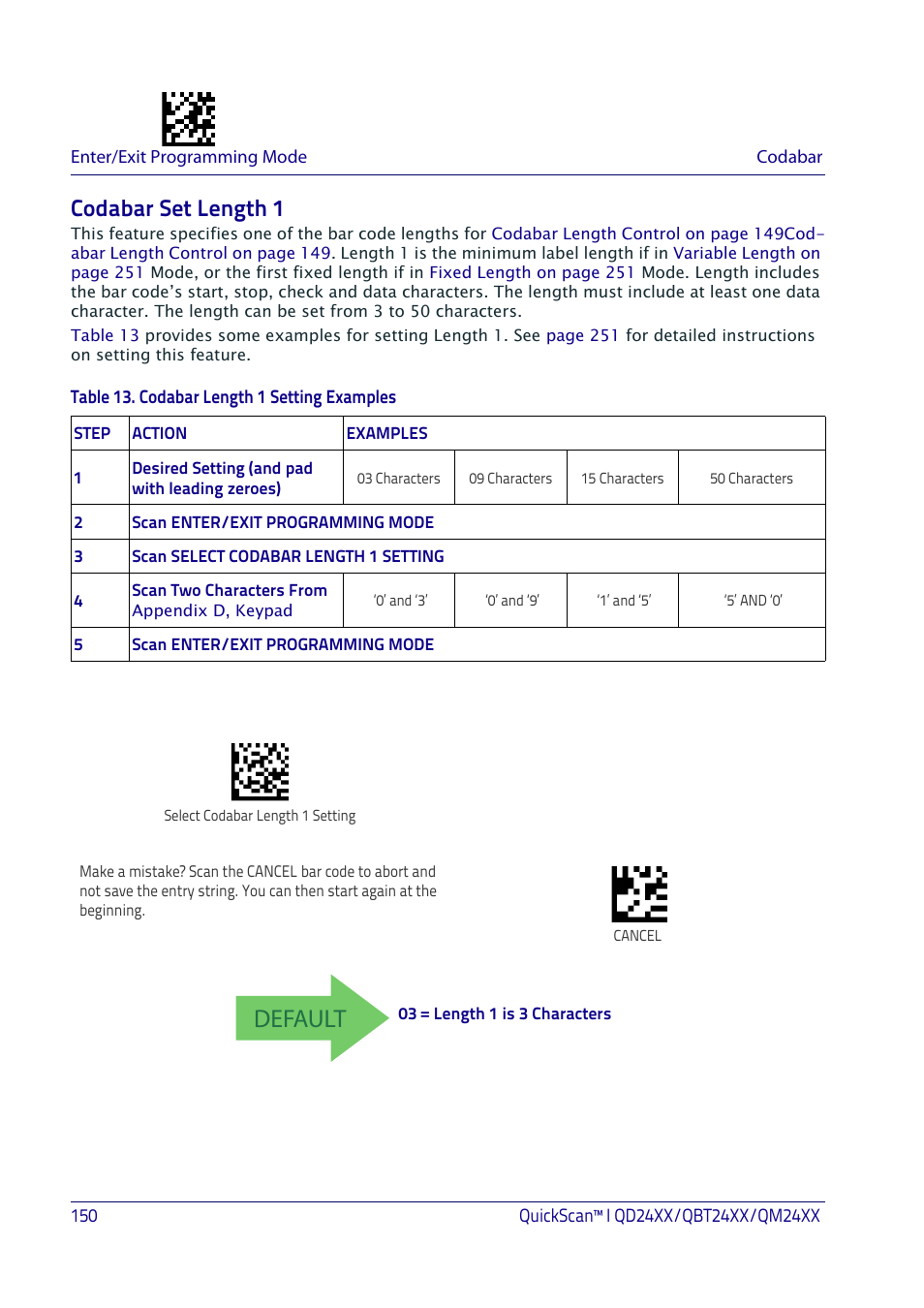 Codabar set length 1, Default | Datalogic QuickScan I QD2400 User Manual | Page 160 / 324