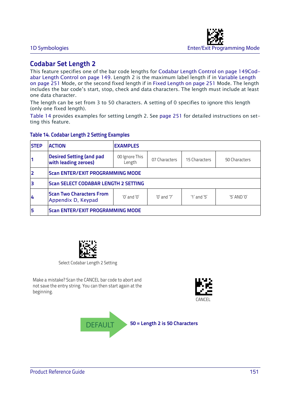 Codabar set length 2, Default | Datalogic QuickScan I QD2400 User Manual | Page 161 / 324