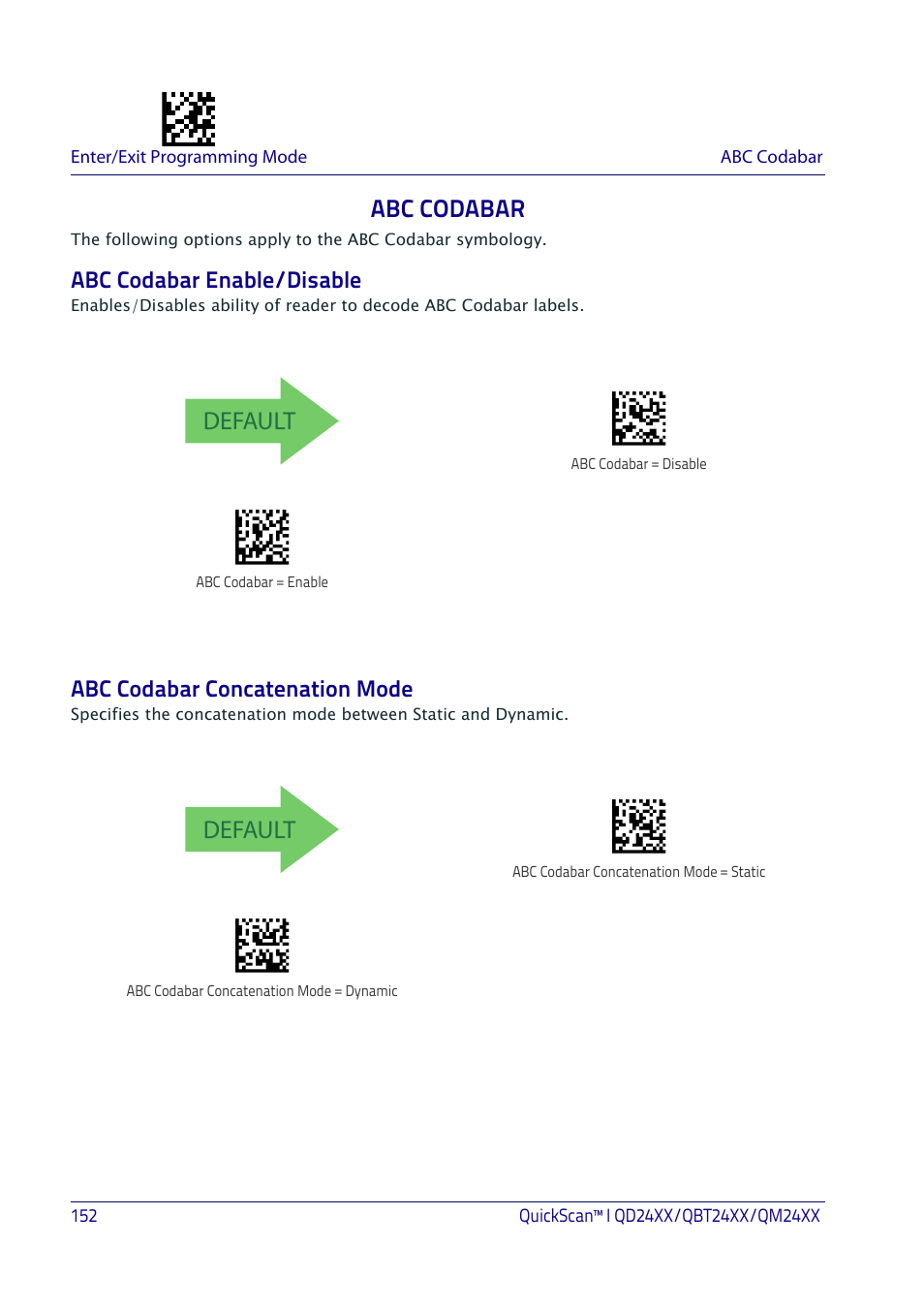 Abc codabar, Abc codabar enable/disable, Abc codabar concatenation mode | Default | Datalogic QuickScan I QD2400 User Manual | Page 162 / 324