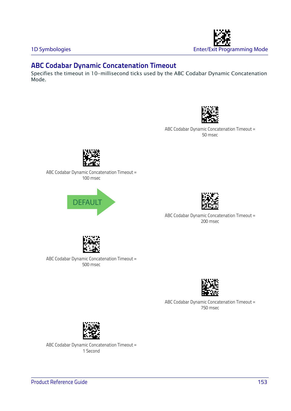 Abc codabar dynamic concatenation timeout, Default | Datalogic QuickScan I QD2400 User Manual | Page 163 / 324