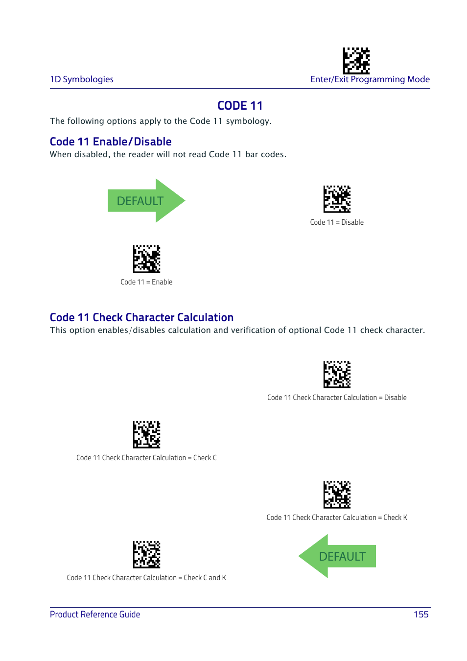 Code 11, Code 11 enable/disable, Code 11 check character calculation | Default | Datalogic QuickScan I QD2400 User Manual | Page 165 / 324