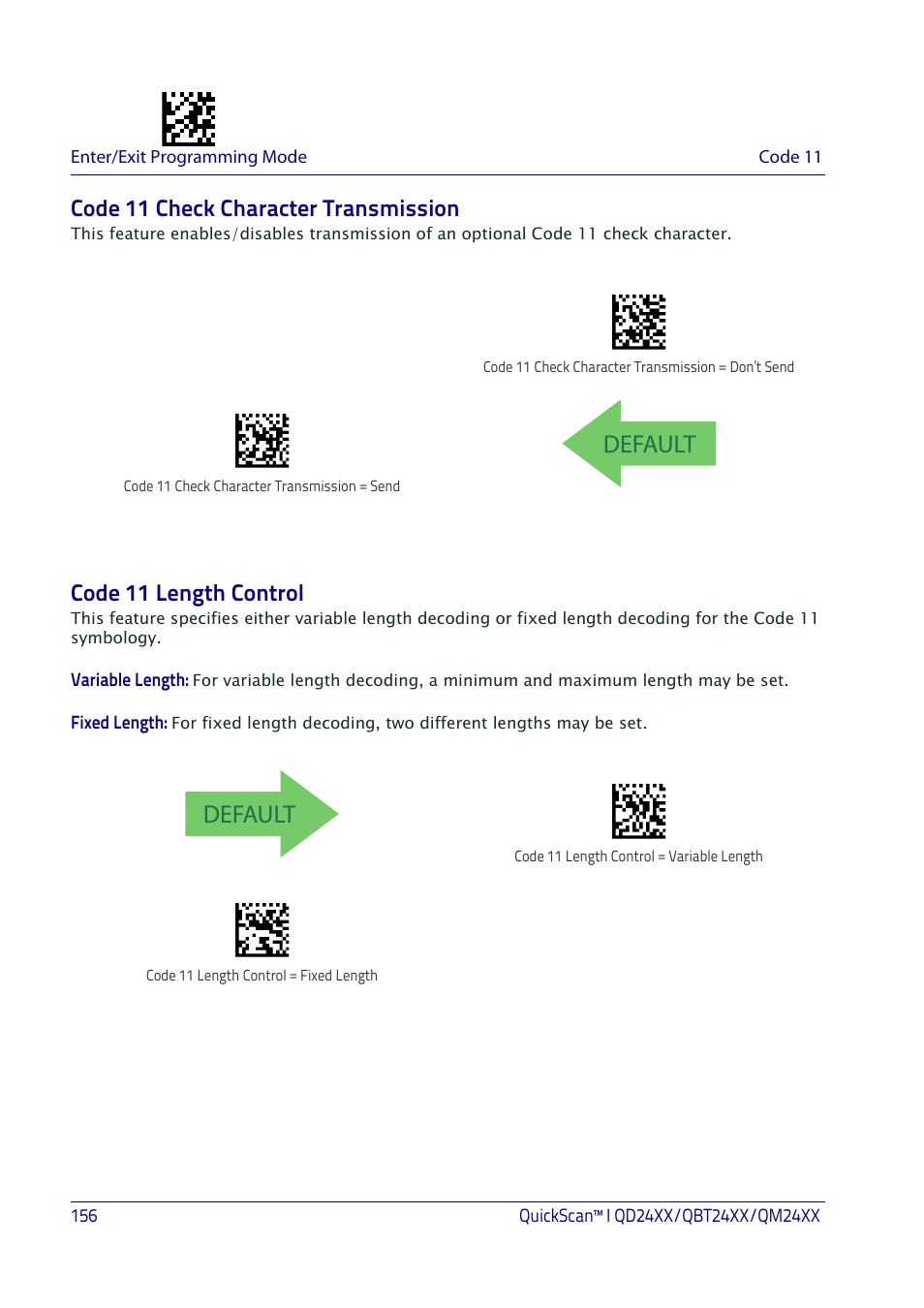 Code 11 check character transmission, Code 11 length control, Default | Datalogic QuickScan I QD2400 User Manual | Page 166 / 324