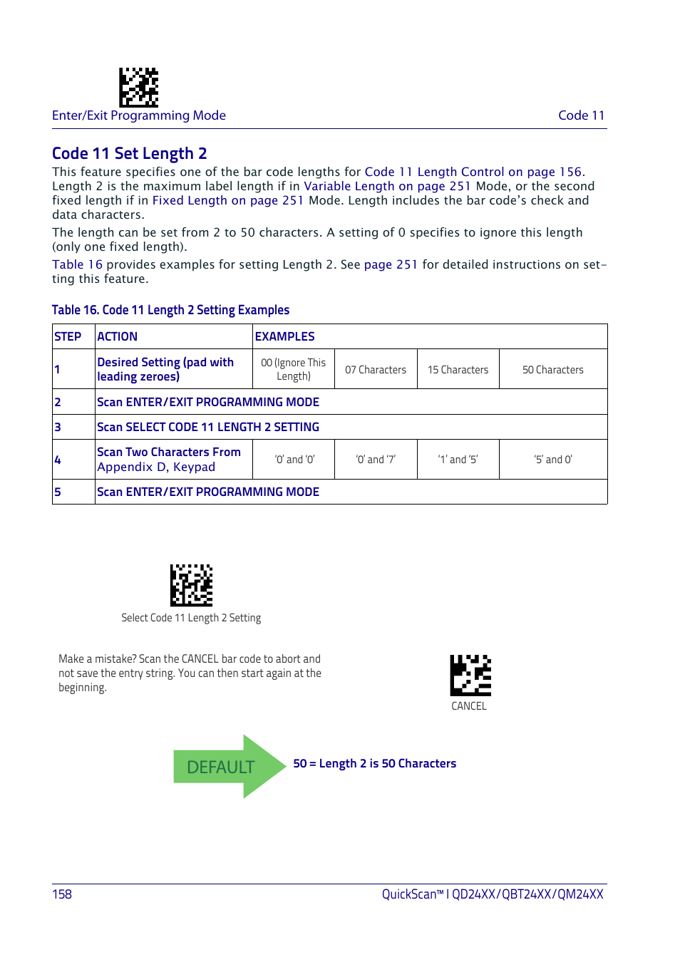 Code 11 set length 2, Default | Datalogic QuickScan I QD2400 User Manual | Page 168 / 324