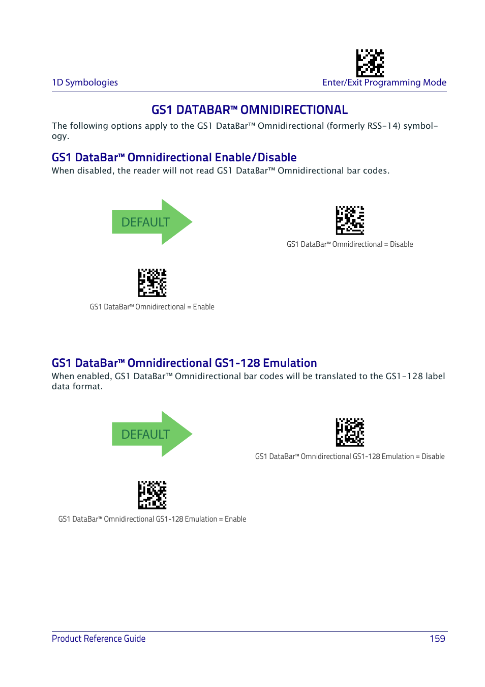 Gs1 databar™ omnidirectional, Gs1 databar™ omnidirectional enable/disable, Gs1 databar™ omnidirectional gs1-128 emulation | Default | Datalogic QuickScan I QD2400 User Manual | Page 169 / 324