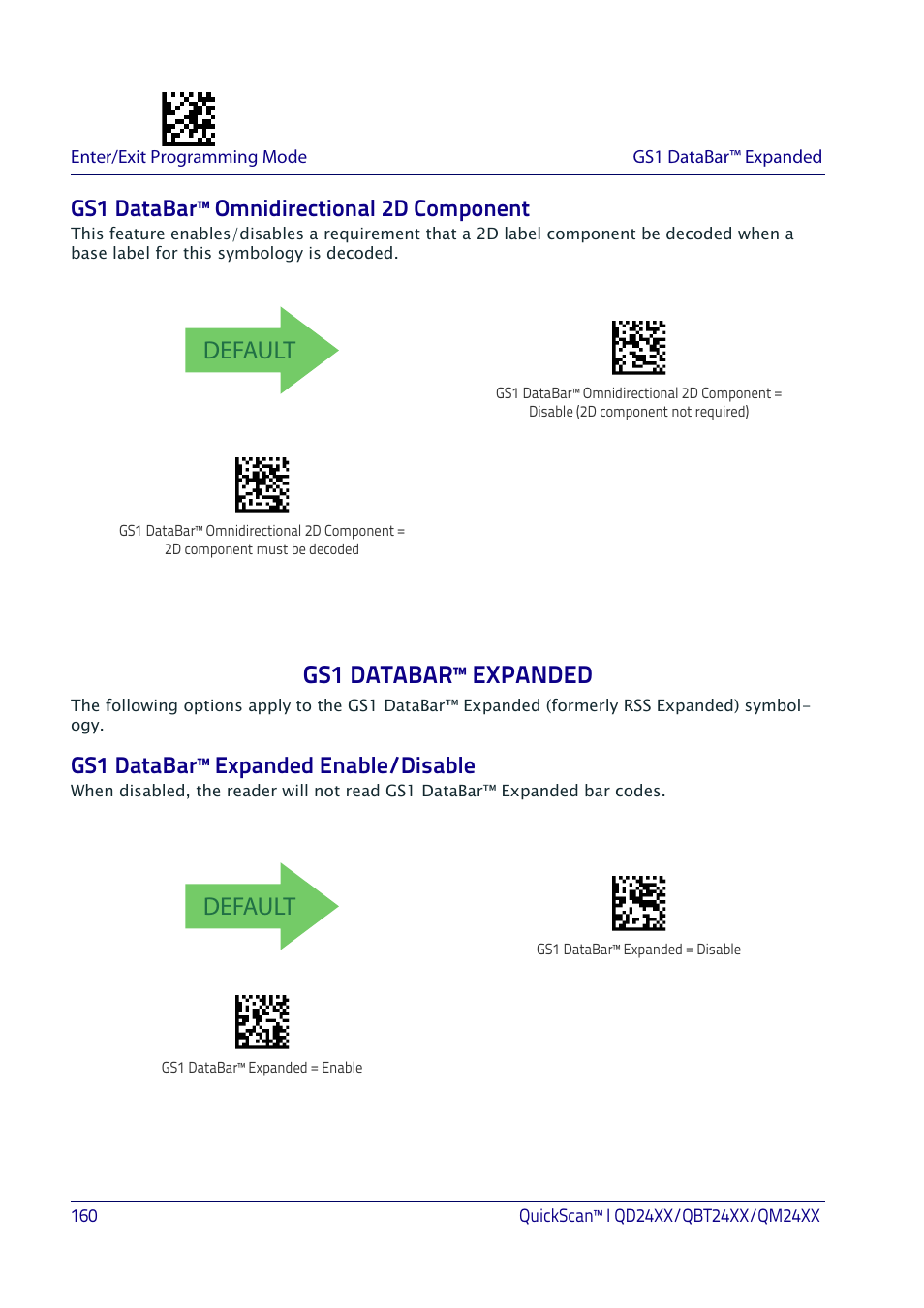 Gs1 databar™ omnidirectional 2d component, Gs1 databar™ expanded, Gs1 databar™ expanded enable/disable | Default | Datalogic QuickScan I QD2400 User Manual | Page 170 / 324