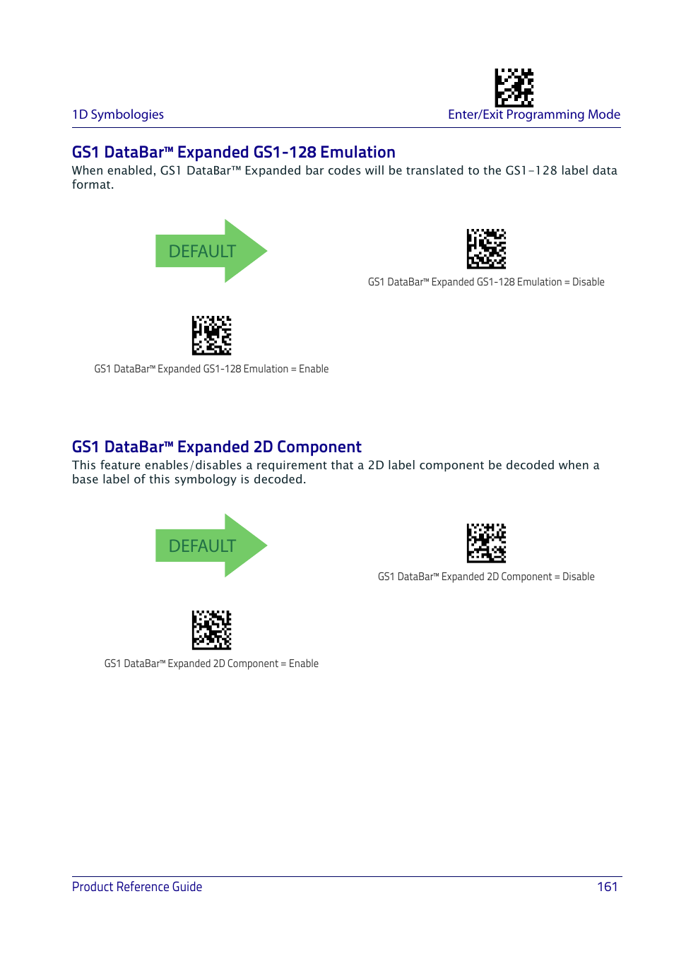 Gs1 databar™ expanded gs1-128 emulation, Gs1 databar™ expanded 2d component, Default | Datalogic QuickScan I QD2400 User Manual | Page 171 / 324