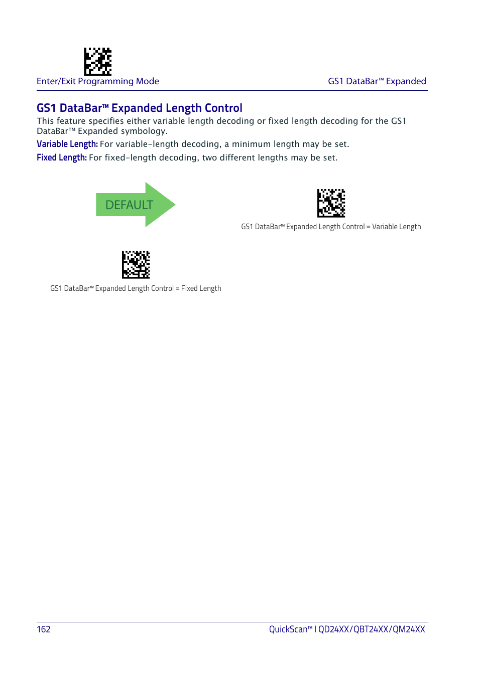 Gs1 databar™ expanded length control, Default | Datalogic QuickScan I QD2400 User Manual | Page 172 / 324