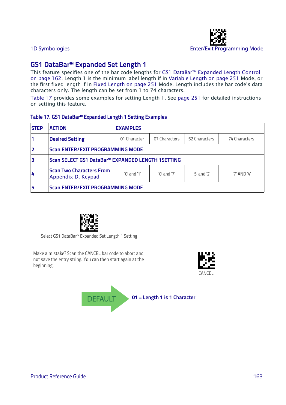 Gs1 databar™ expanded set length 1, Default | Datalogic QuickScan I QD2400 User Manual | Page 173 / 324
