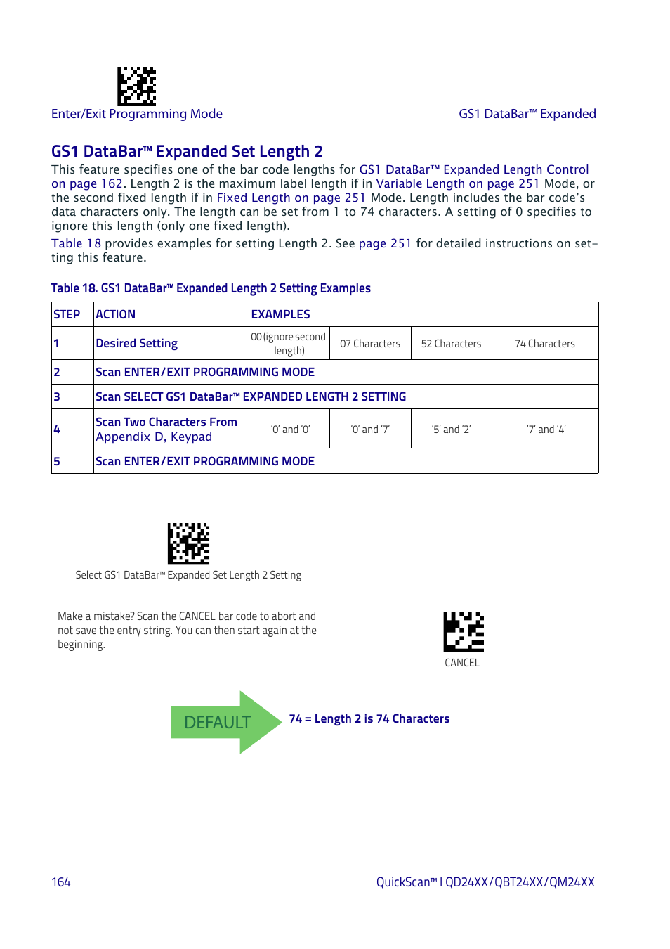 Gs1 databar™ expanded set length 2, Default | Datalogic QuickScan I QD2400 User Manual | Page 174 / 324