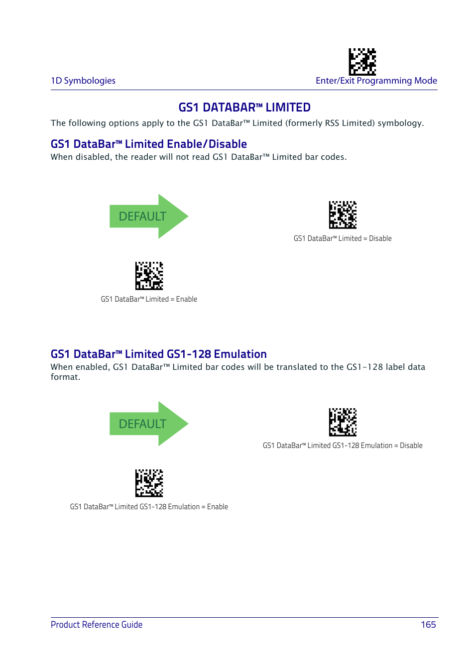 Gs1 databar™ limited, Gs1 databar™ limited enable/disable, Gs1 databar™ limited gs1-128 emulation | Default | Datalogic QuickScan I QD2400 User Manual | Page 175 / 324