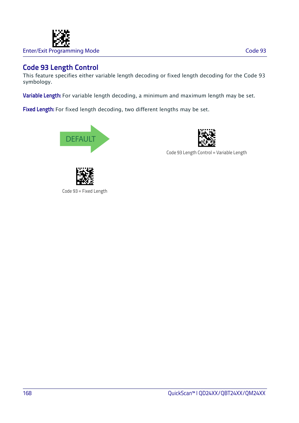 Code 93 length control, Default | Datalogic QuickScan I QD2400 User Manual | Page 178 / 324