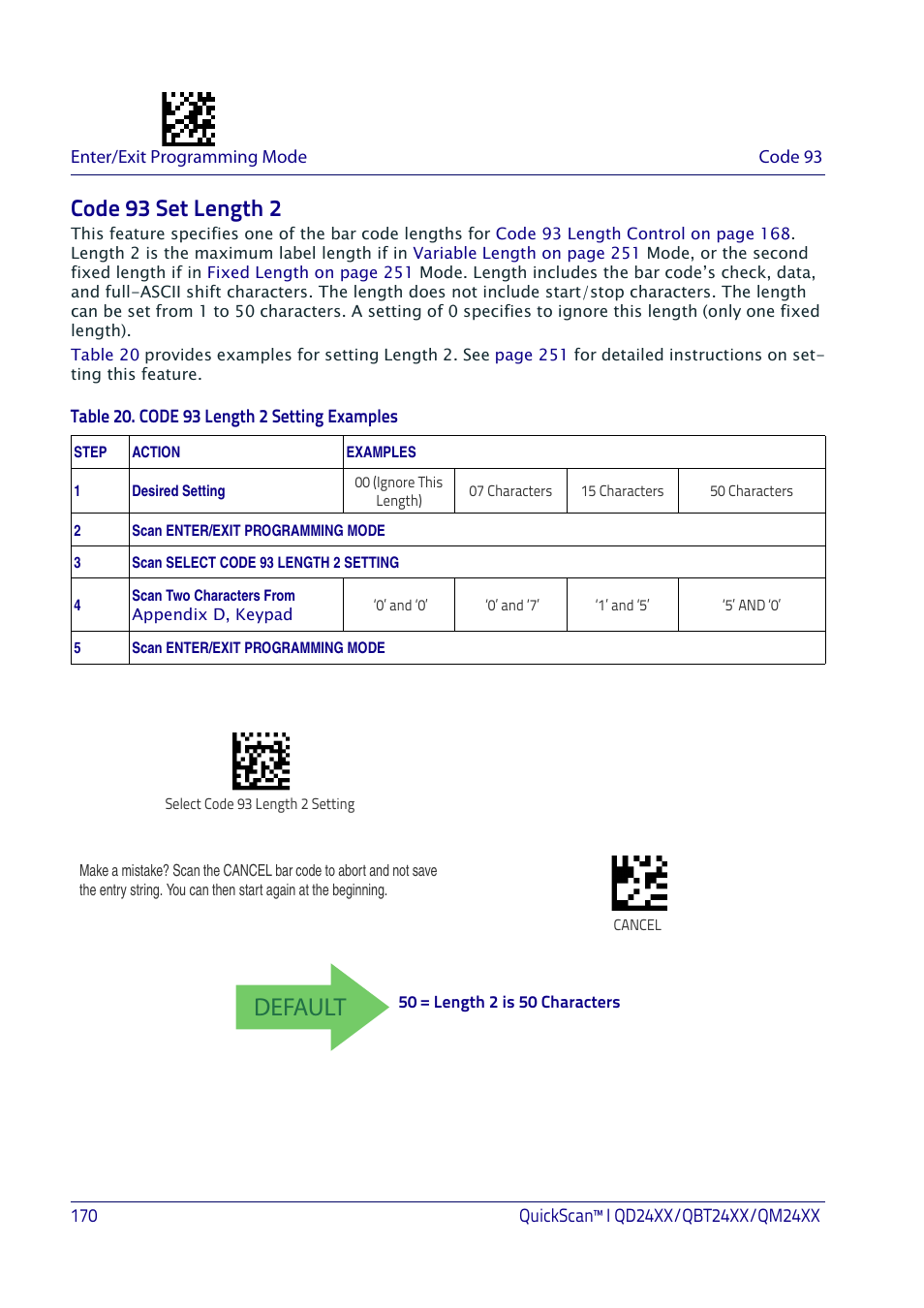 Code 93 set length 2, Default | Datalogic QuickScan I QD2400 User Manual | Page 180 / 324