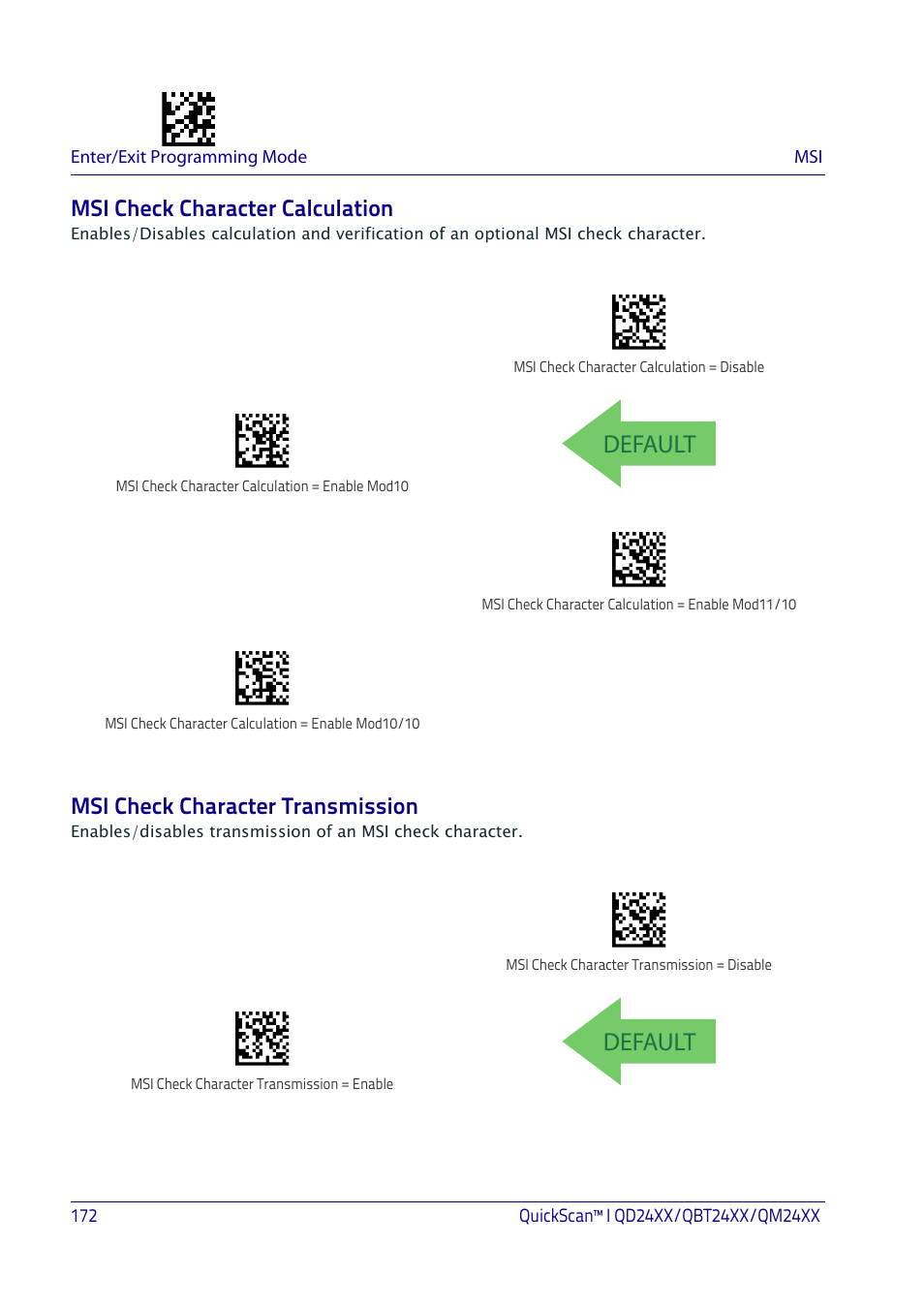 Msi check character calculation, Msi check character transmission, Default | Datalogic QuickScan I QD2400 User Manual | Page 182 / 324