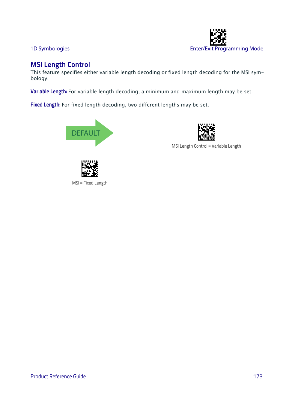 Msi length control, Default | Datalogic QuickScan I QD2400 User Manual | Page 183 / 324