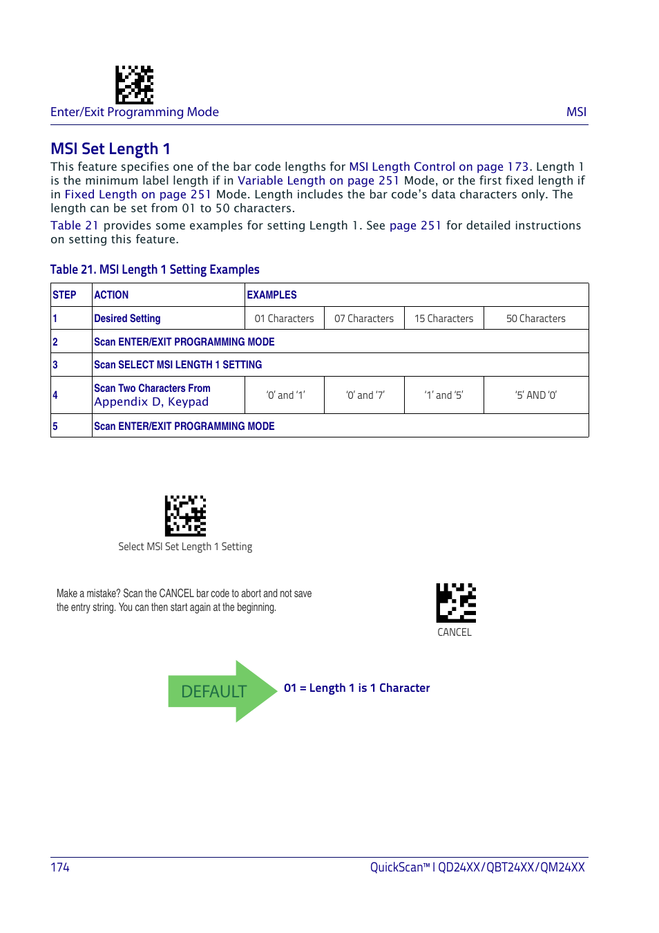 Msi set length 1, Default | Datalogic QuickScan I QD2400 User Manual | Page 184 / 324