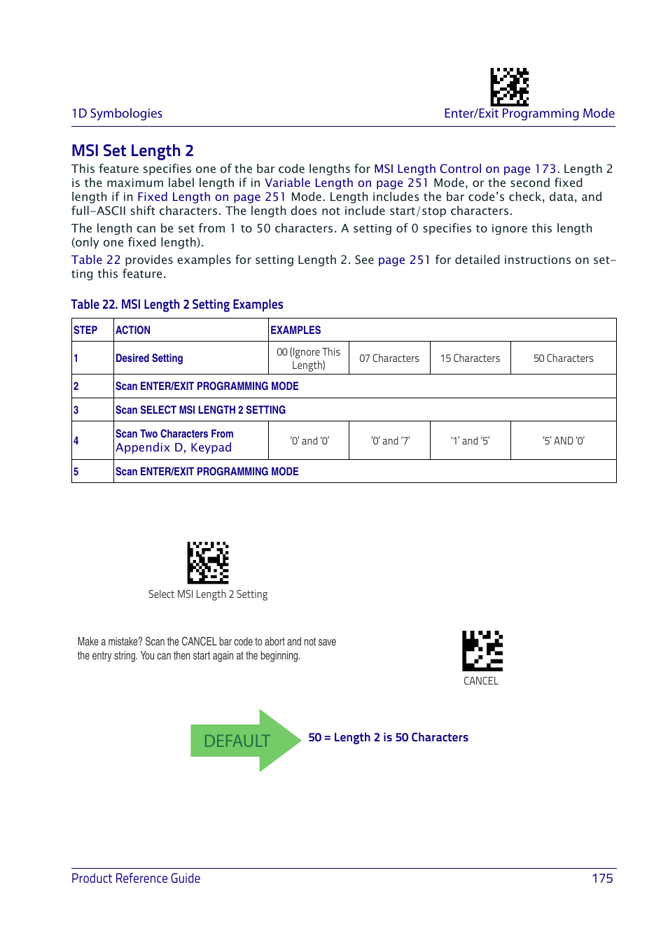 Msi set length 2, Default | Datalogic QuickScan I QD2400 User Manual | Page 185 / 324