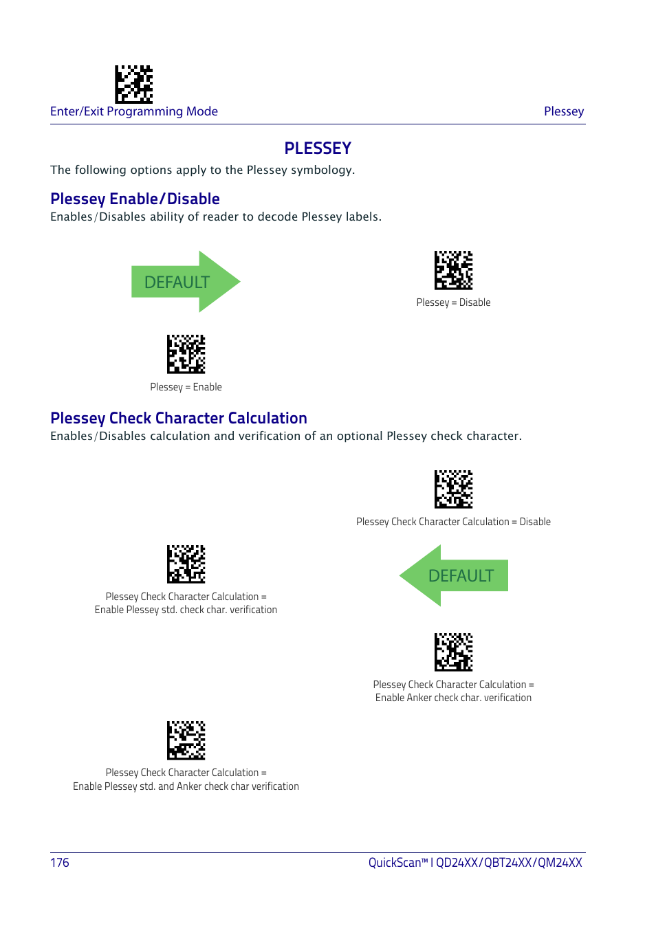 Plessey, Plessey enable/disable, Plessey check character calculation | Default | Datalogic QuickScan I QD2400 User Manual | Page 186 / 324
