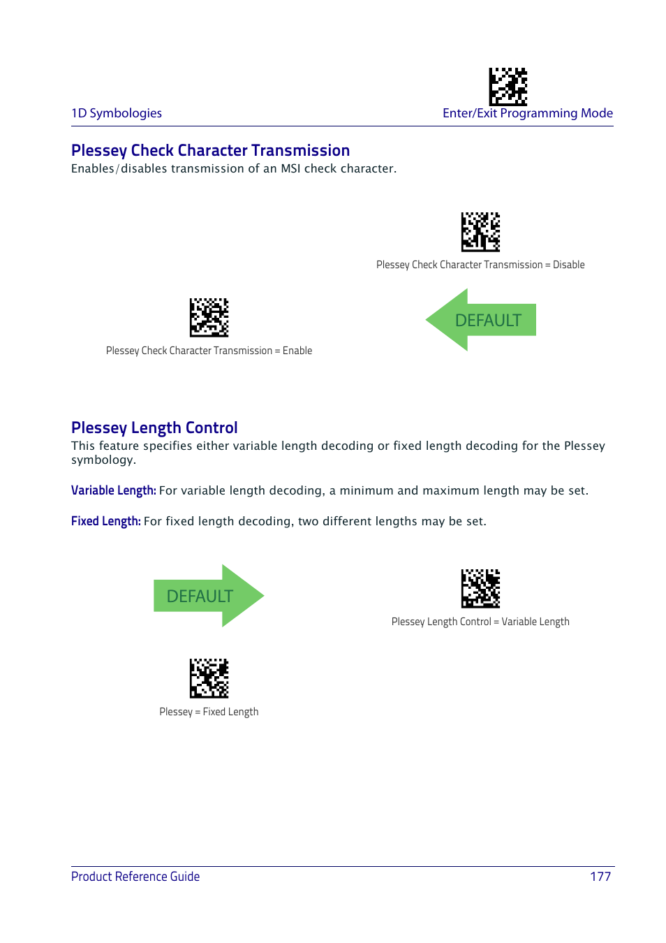 Plessey check character transmission, Plessey length control, Default | Datalogic QuickScan I QD2400 User Manual | Page 187 / 324