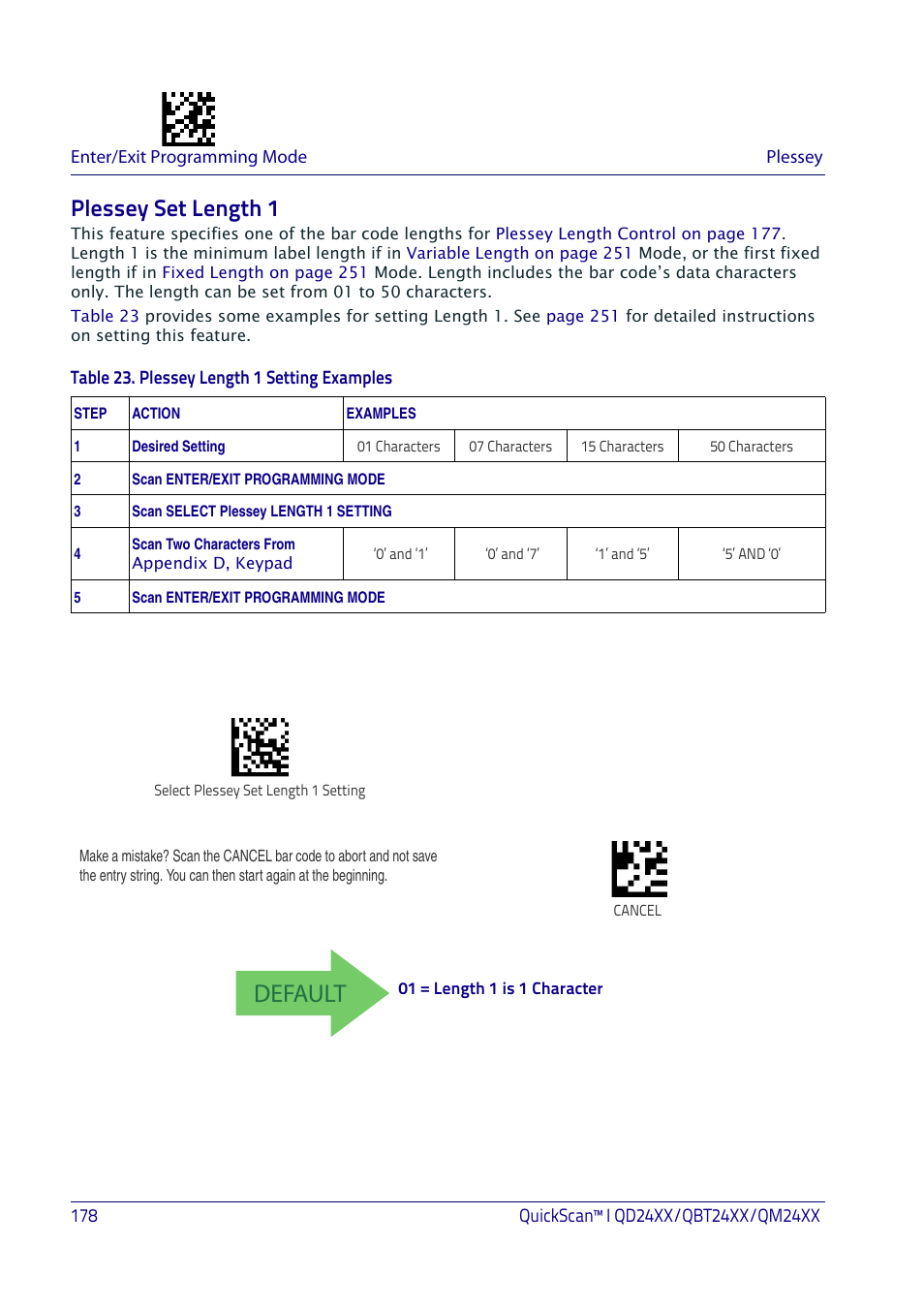 Plessey set length 1, Default | Datalogic QuickScan I QD2400 User Manual | Page 188 / 324