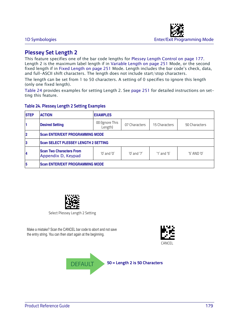 Plessey set length 2, Default | Datalogic QuickScan I QD2400 User Manual | Page 189 / 324