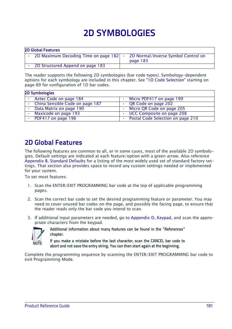 2d symbologies, 2d global features | Datalogic QuickScan I QD2400 User Manual | Page 191 / 324