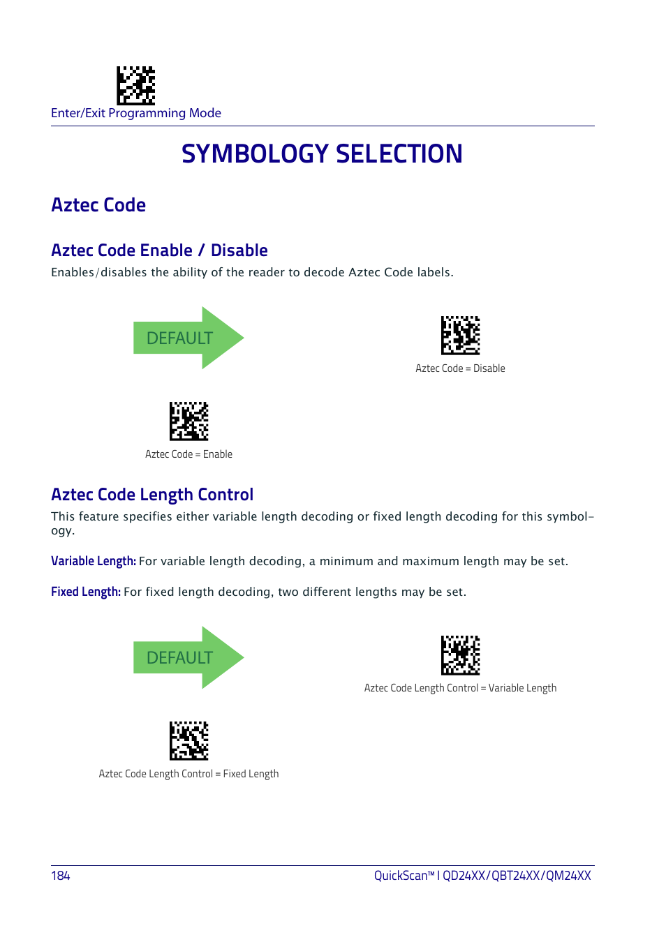 Symbology selection, Aztec code, Aztec code enable / disable | Aztec code length control, Default | Datalogic QuickScan I QD2400 User Manual | Page 194 / 324