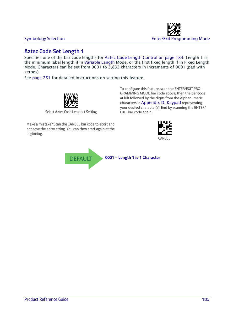 Aztec code set length 1, Default | Datalogic QuickScan I QD2400 User Manual | Page 195 / 324