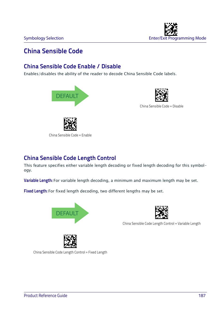 China sensible code, China sensible code enable / disable, China sensible code length control | Default | Datalogic QuickScan I QD2400 User Manual | Page 197 / 324