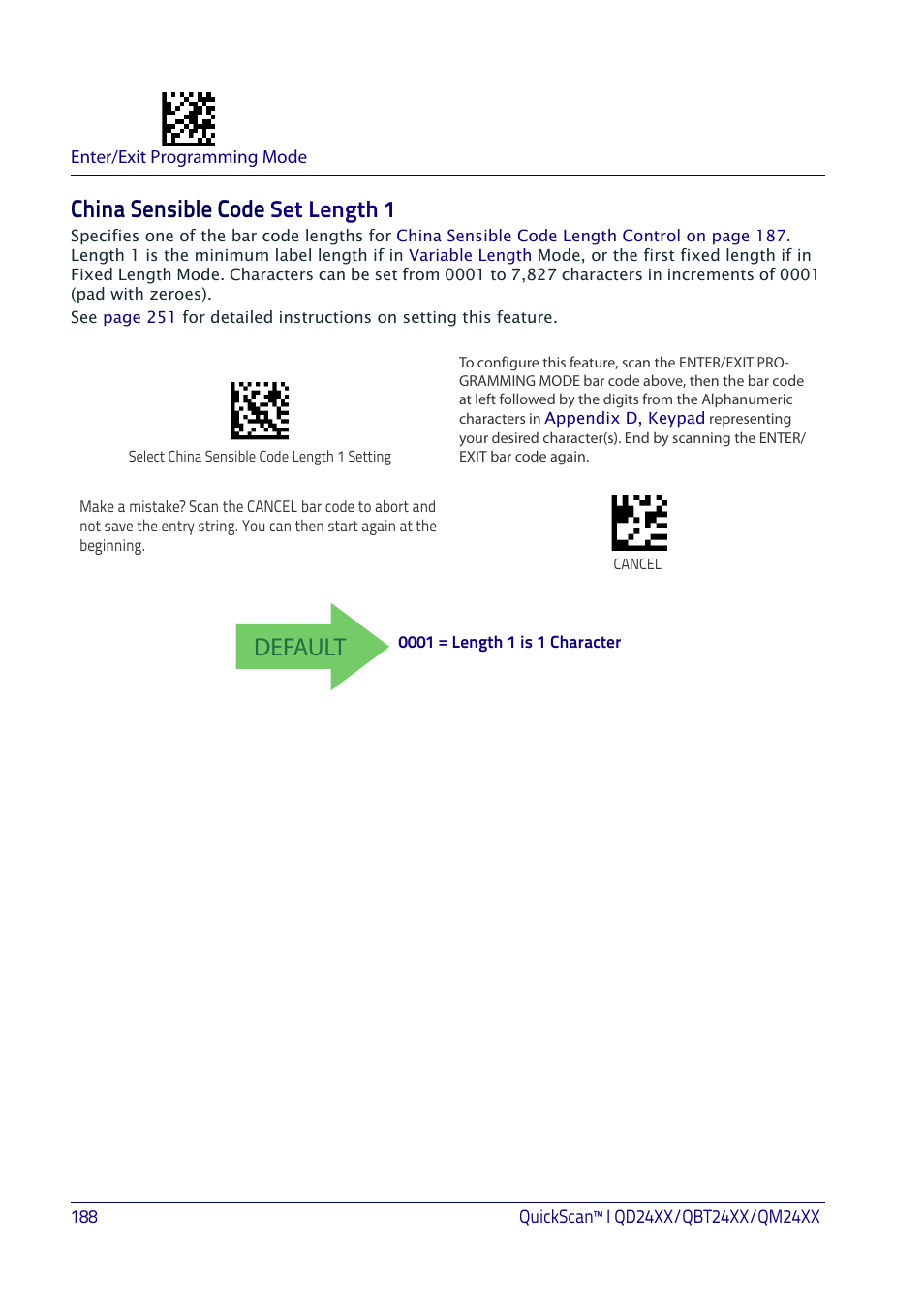 China sensible code set length 1, China sensible code, Default | Set length 1 | Datalogic QuickScan I QD2400 User Manual | Page 198 / 324