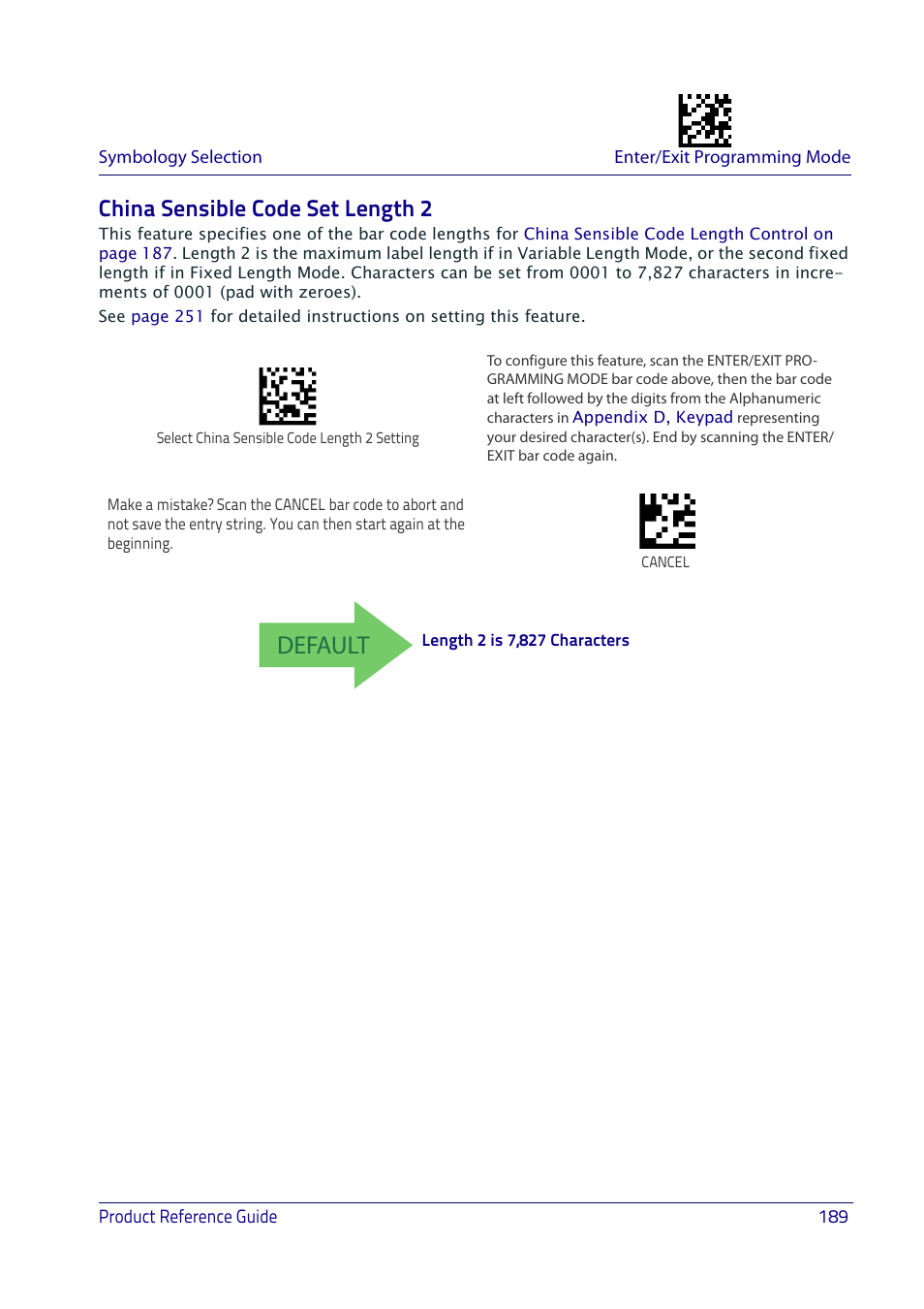 China sensible code set length 2, Default | Datalogic QuickScan I QD2400 User Manual | Page 199 / 324