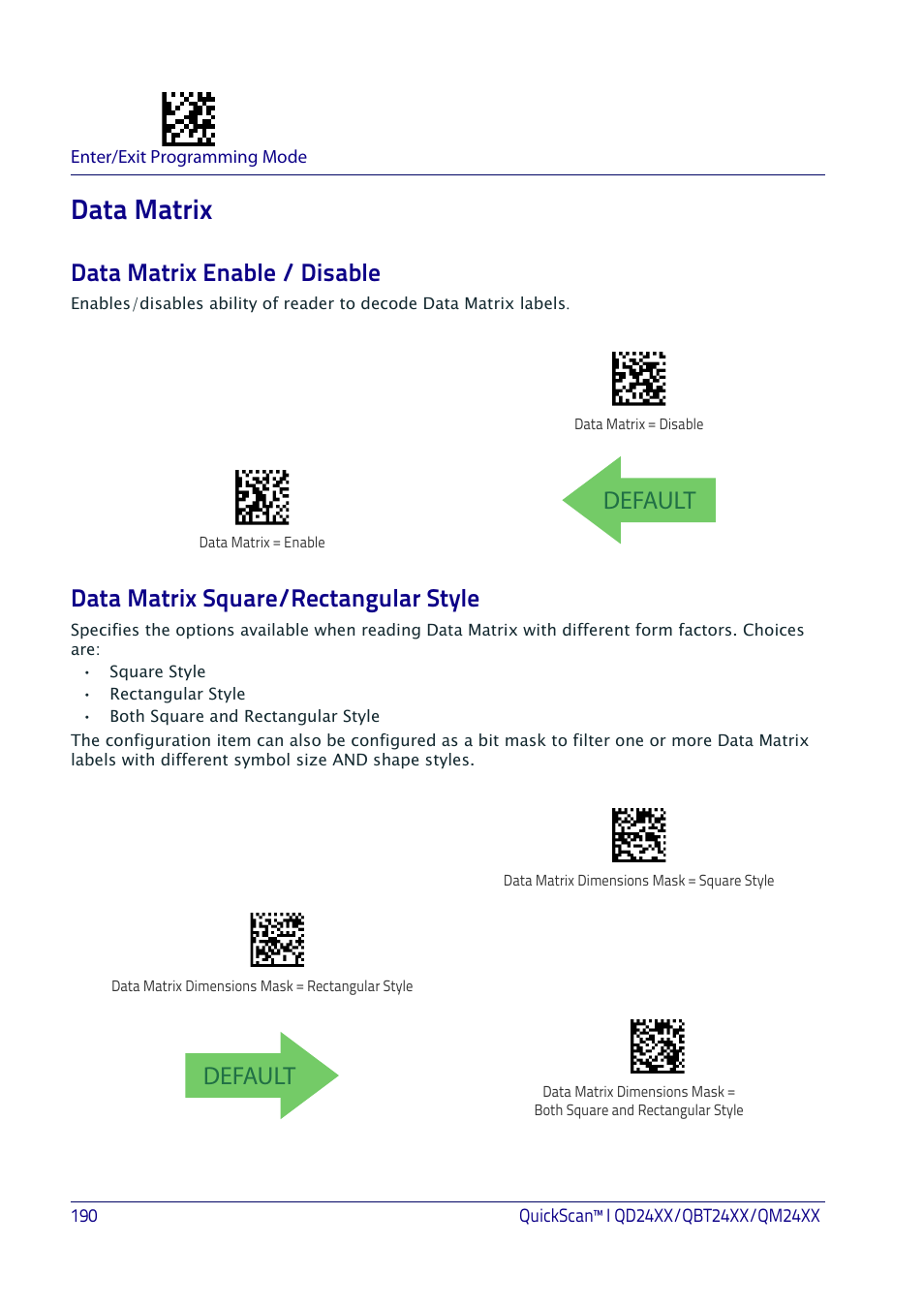 Data matrix, Data matrix enable / disable, Data matrix square/rectangular style | Default data matrix square/rectangular style, Default | Datalogic QuickScan I QD2400 User Manual | Page 200 / 324