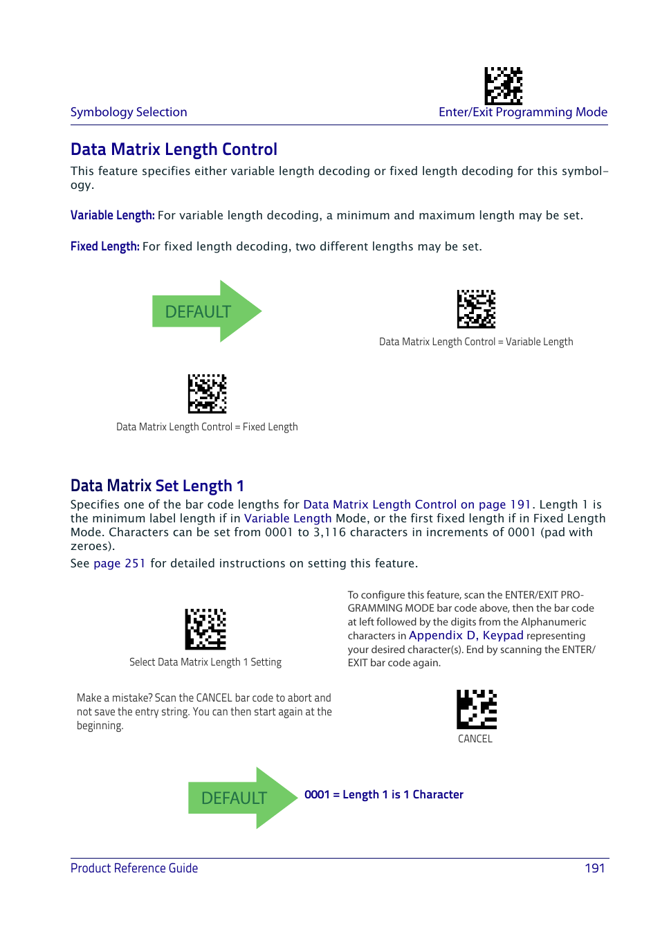 Data matrix length control, Data matrix set length 1, Default | Data matrix, Set length 1 | Datalogic QuickScan I QD2400 User Manual | Page 201 / 324