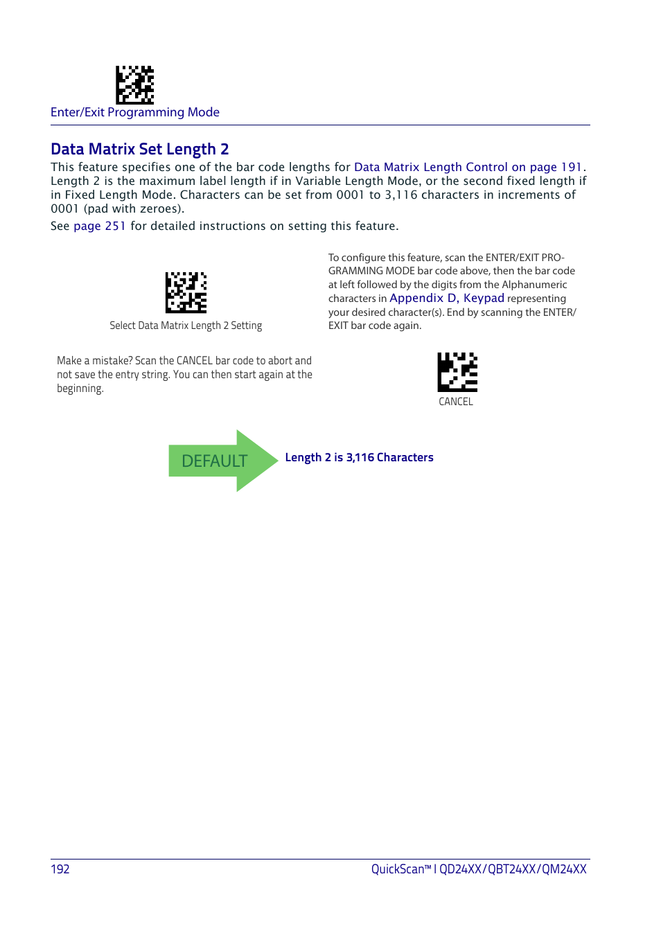 Data matrix set length 2, Default | Datalogic QuickScan I QD2400 User Manual | Page 202 / 324