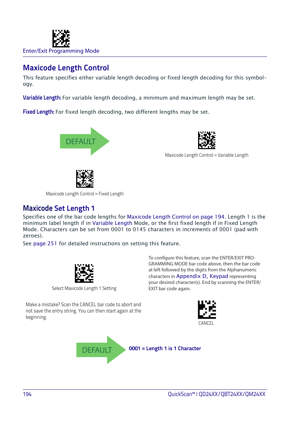 Maxicode length control, Maxicode set length 1, Default | Maxicode, Set length 1 | Datalogic QuickScan I QD2400 User Manual | Page 204 / 324