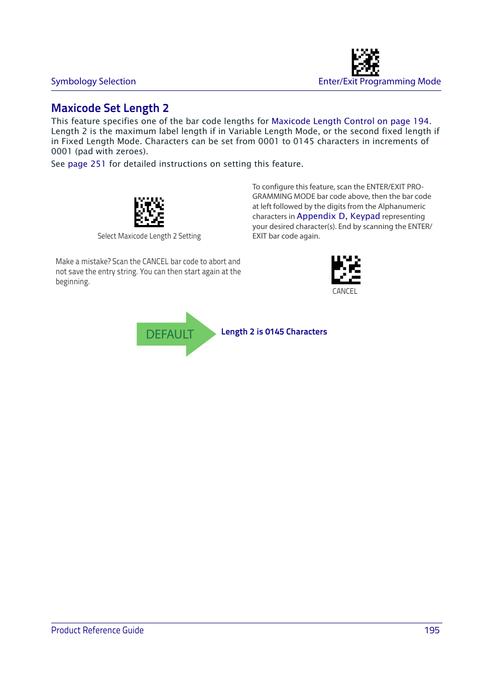 Maxicode set length 2, Default | Datalogic QuickScan I QD2400 User Manual | Page 205 / 324