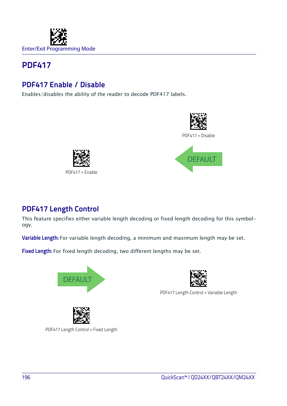Pdf417, Pdf417 enable / disable, Pdf417 length control | Pdf417 enable / disable pdf417 length control, Default pdf417 length control, Default | Datalogic QuickScan I QD2400 User Manual | Page 206 / 324