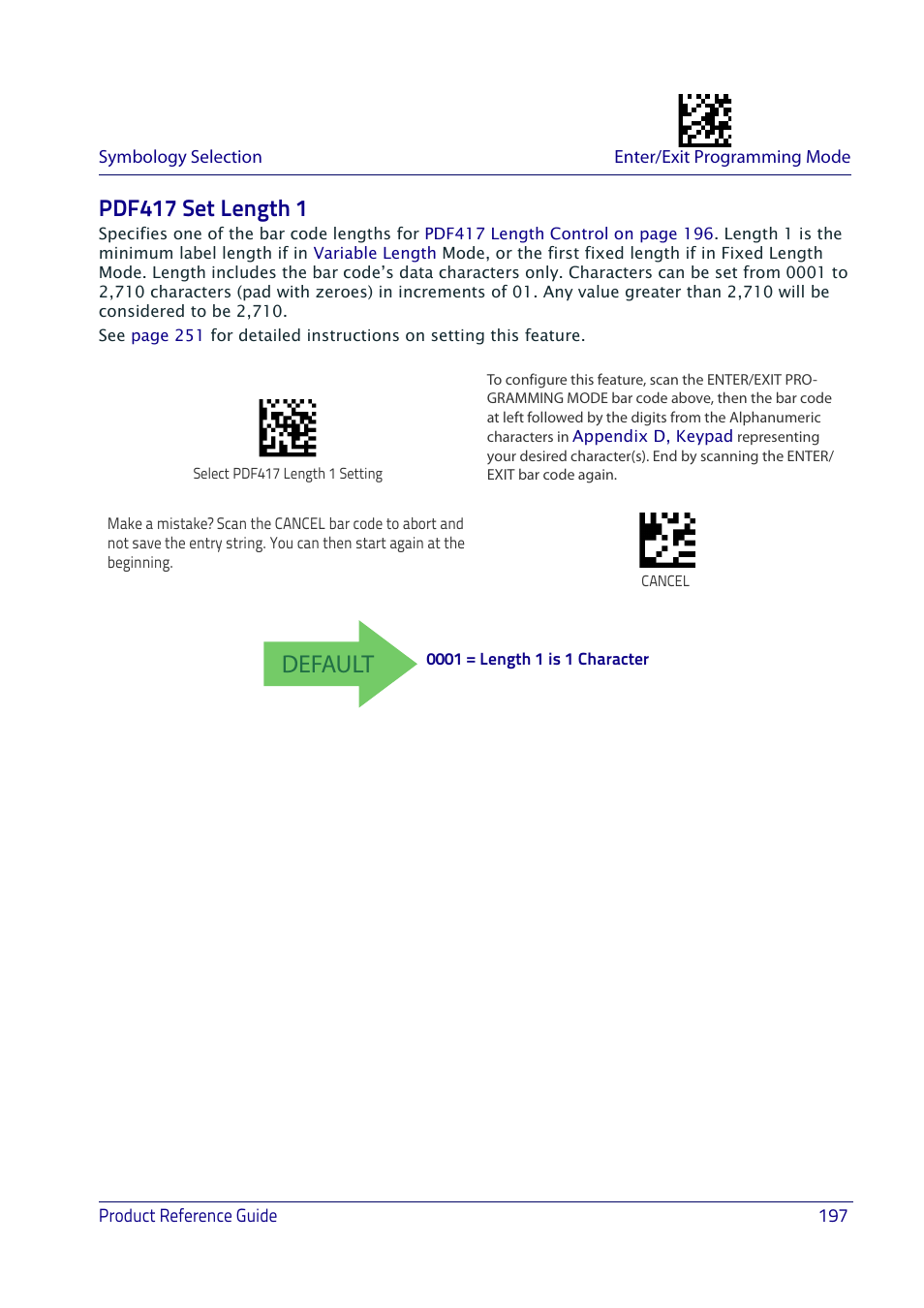 Pdf417 set length 1, Default | Datalogic QuickScan I QD2400 User Manual | Page 207 / 324