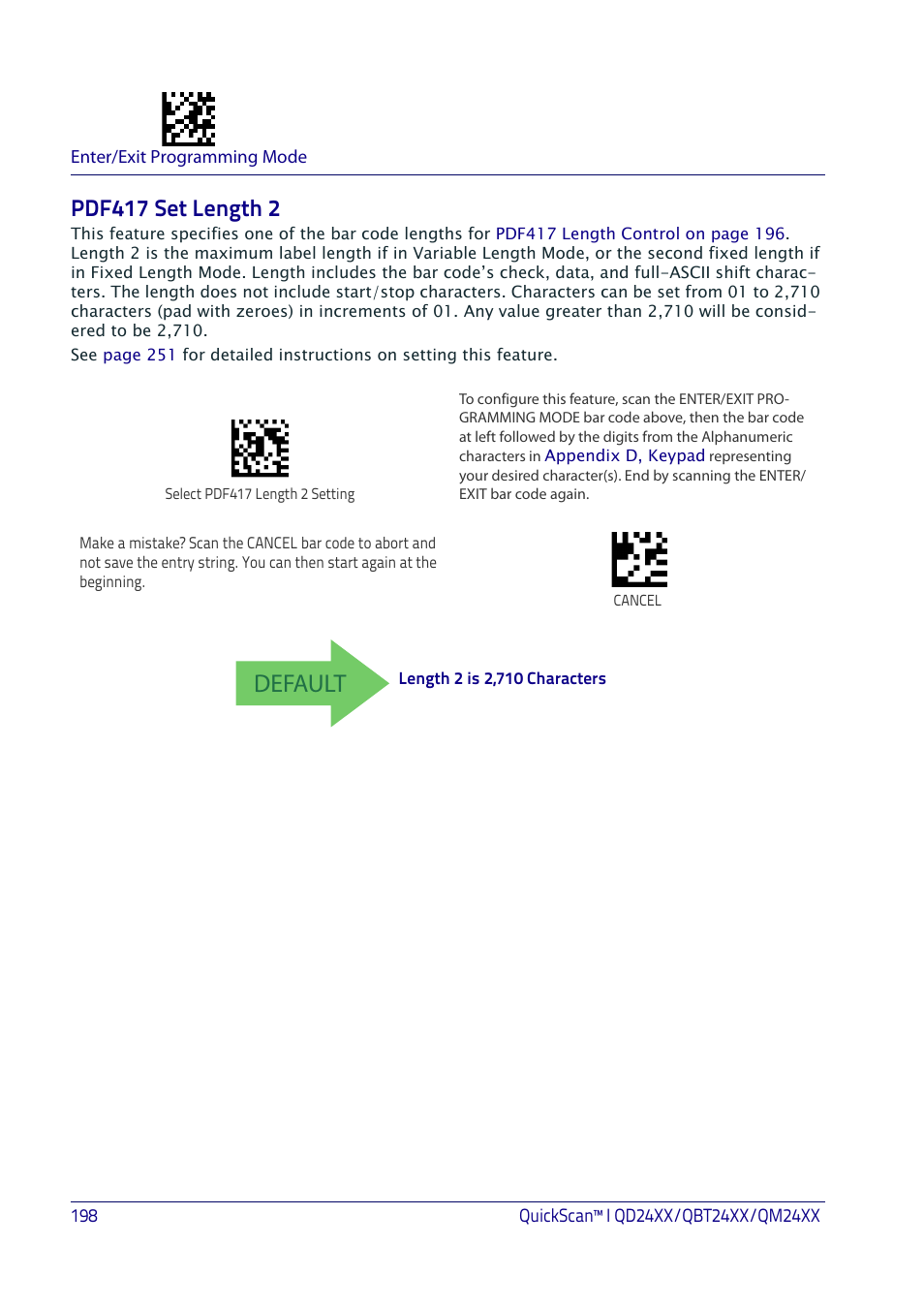 Pdf417 set length 2, Default | Datalogic QuickScan I QD2400 User Manual | Page 208 / 324