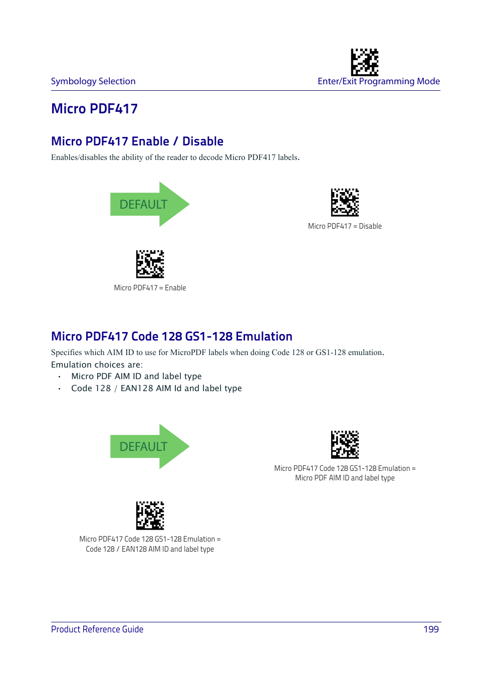 Micro pdf417, Micro pdf417 enable / disable, Micro pdf417 code 128 gs1-128 emulation | Default | Datalogic QuickScan I QD2400 User Manual | Page 209 / 324