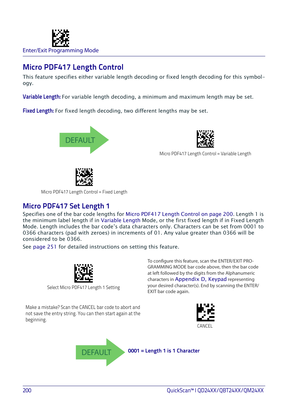 Micro pdf417 length control, Micro pdf417 set length 1, Default | Datalogic QuickScan I QD2400 User Manual | Page 210 / 324