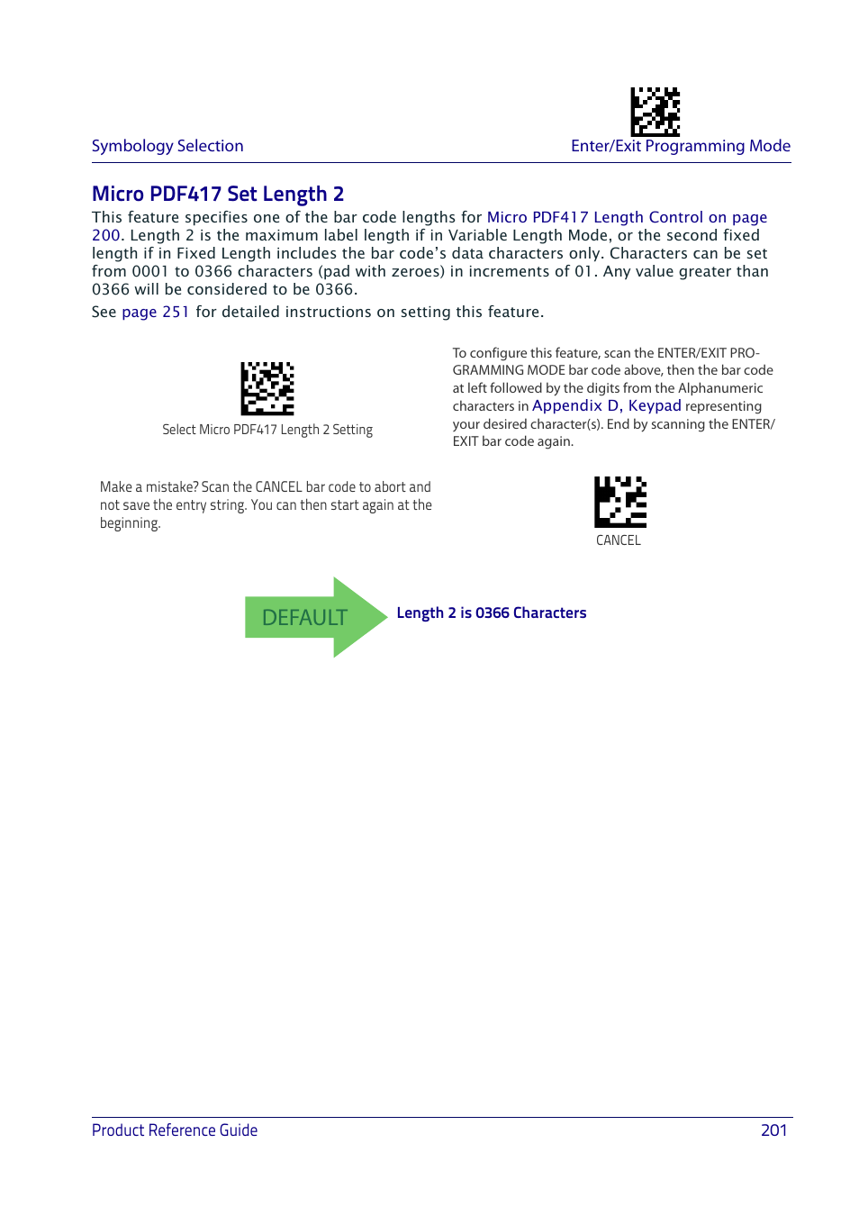 Micro pdf417 set length 2, Default | Datalogic QuickScan I QD2400 User Manual | Page 211 / 324