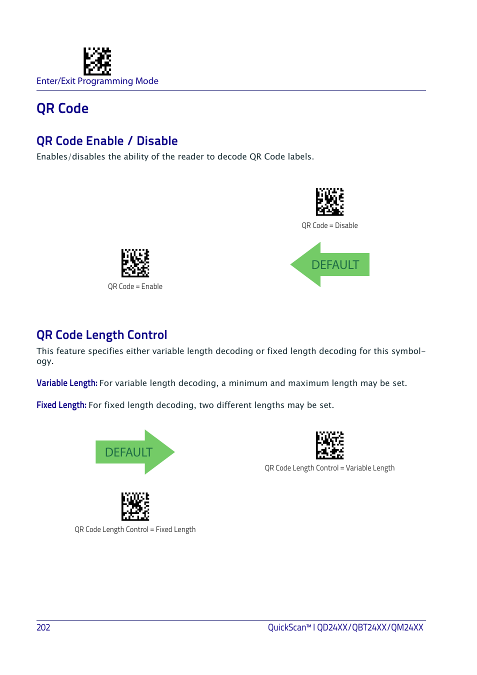 Qr code, Qr code enable / disable, Qr code length control | Qr code enable / disable qr code length control, Default | Datalogic QuickScan I QD2400 User Manual | Page 212 / 324